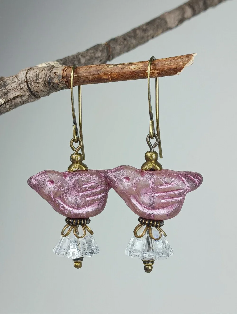 Purple Czech Glass Bird Earrings Crystal Flowers Antiqued Brass Hand Crafted
